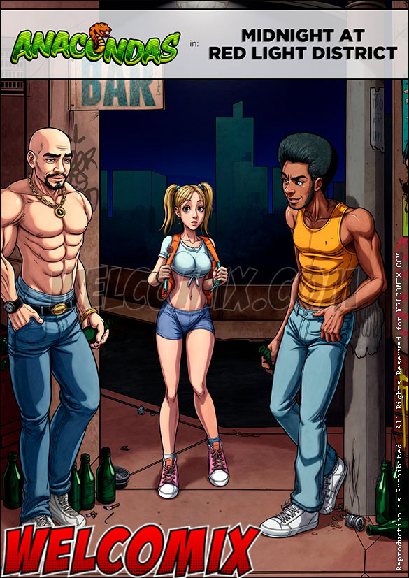 The girl gets lost, ends up in a sleazy area and is surrounded by two scruffy guys - Anacondas, Midnight at red light district